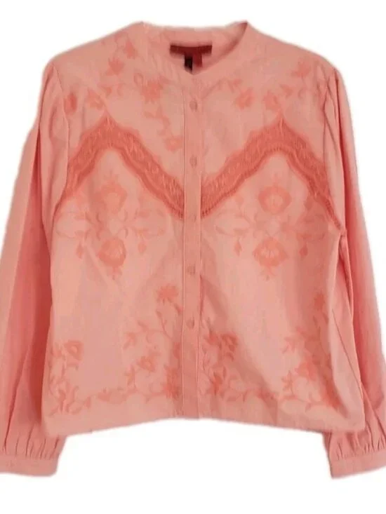 NWT HESTER & ORCHARD EMBROIDERED FLORAL BUTTON DOWN TOP BLOUSE MANDARIN LARGE - Picture 2 of 11